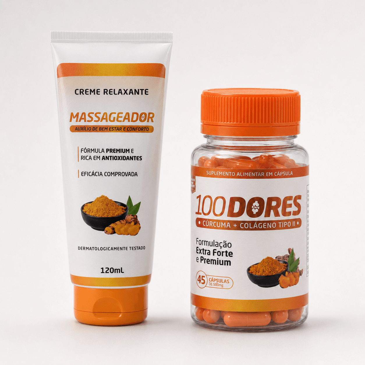 Produto 100DORES: creme relaxante massageador e cápsulas